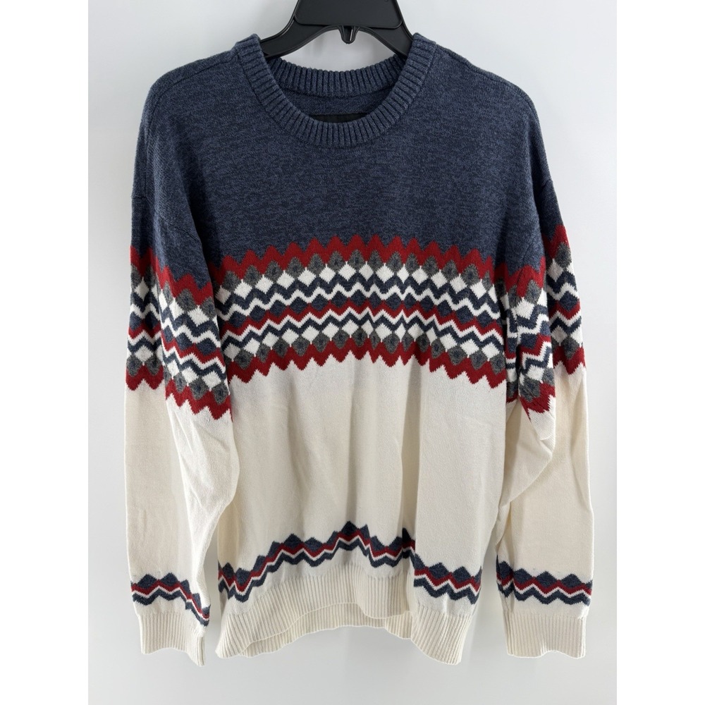 Hollister Mens Winter Pull Over Sweater Knit Medium Cotton White Blue Red Preppy